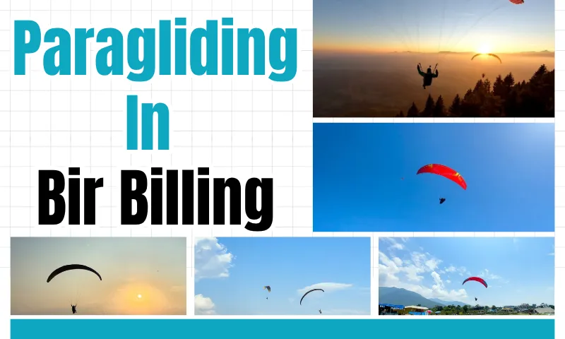 Tandem paraglider flying over the Dhauladhar valleys at Bir Billing