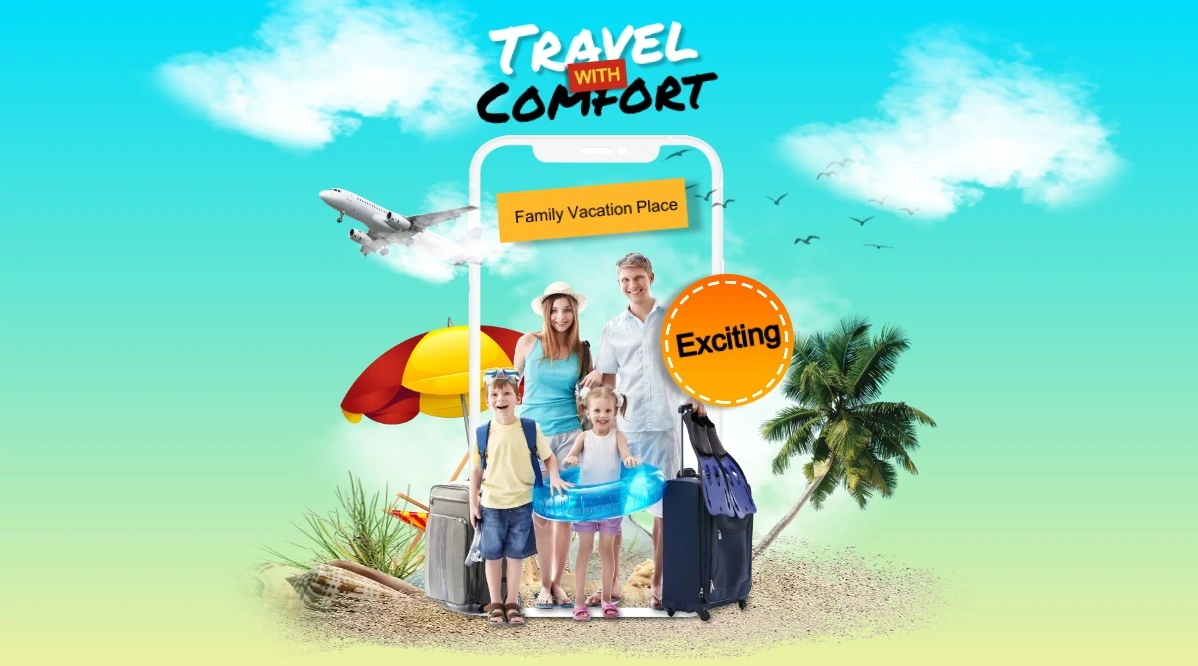 family vacation image featuring couple and two kids ready for vacation