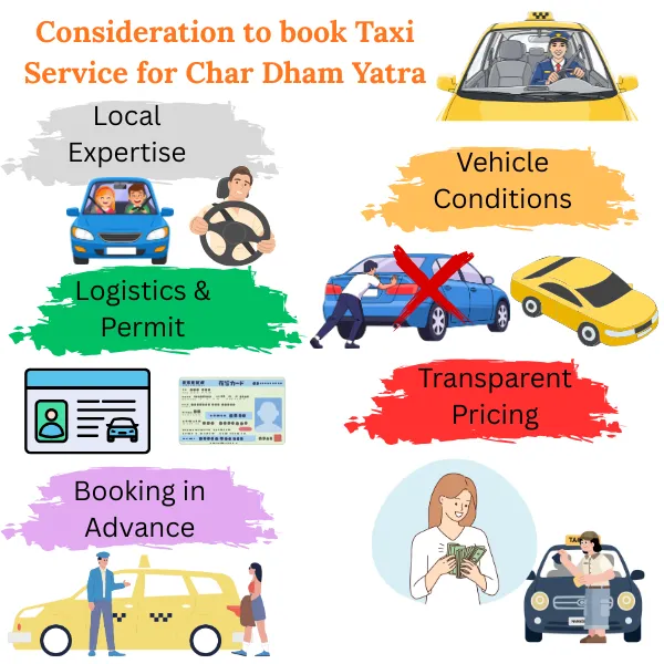 considerations for Char Dham Yatra taxi service including experienced drivers, vehicle condition, permits, safety, and advance booking tips