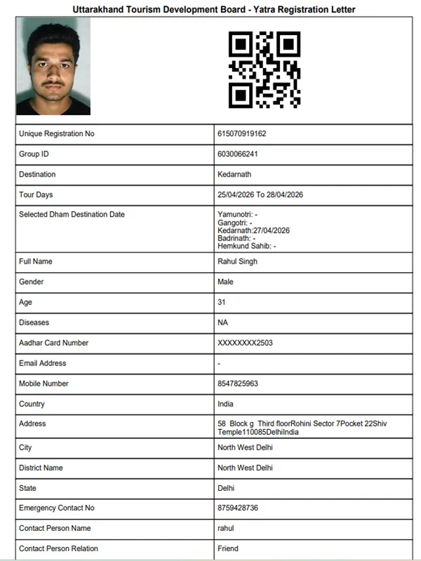char dham yatra registration slip or letter declared by the uttarakhand tourism department