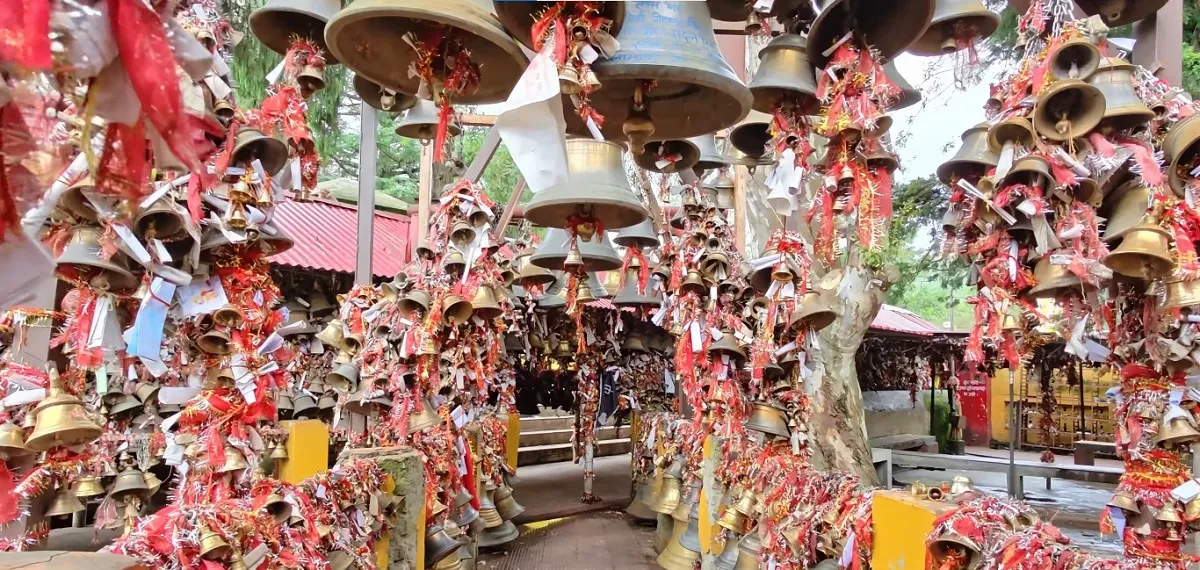 letters and bells hanging outside the golu devta temple