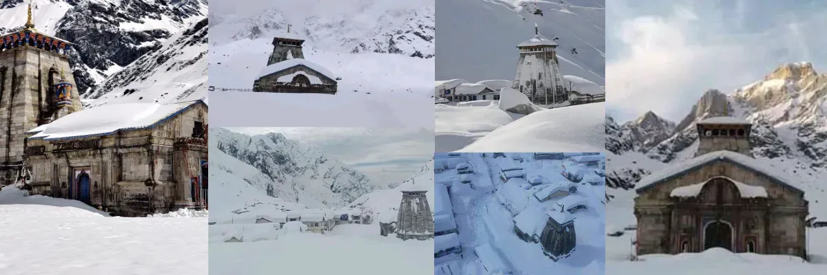 Snow-covered Kedarnath Temple in winter Himalayas