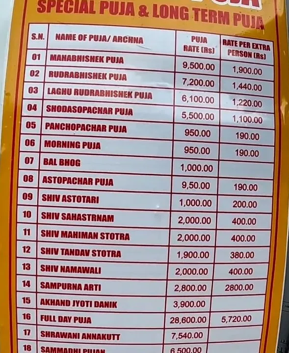 List of all Type of kedarnath  pooja with rates that in mantion on offline counter for 2026