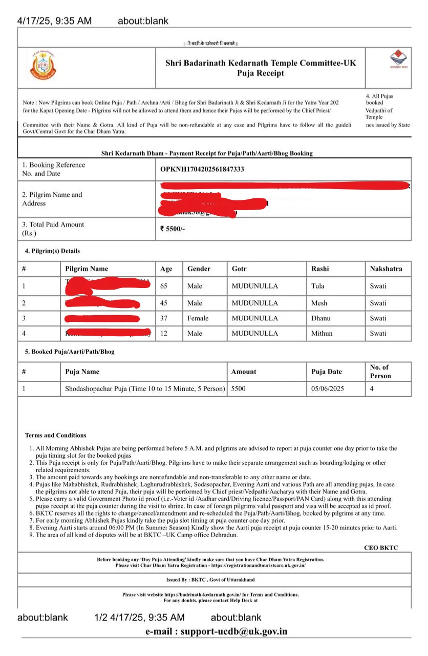 Pooja reciept of kedarnath temple with the details of name , gotra, rashi etc