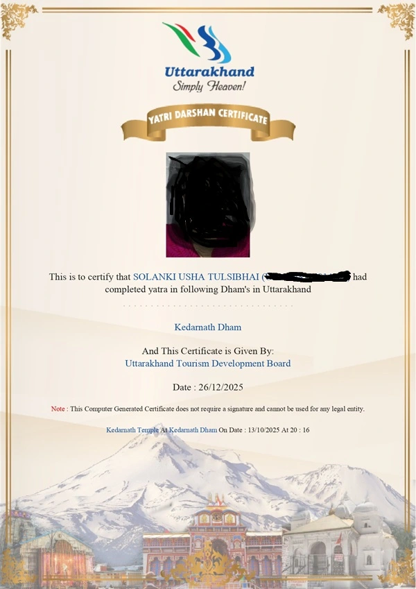 kedarnath yatra registration certificate sample