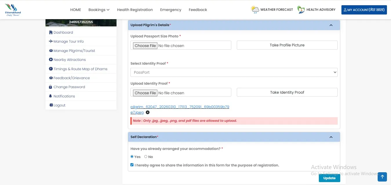 Kedarnath registration form filling pilgrim personal details