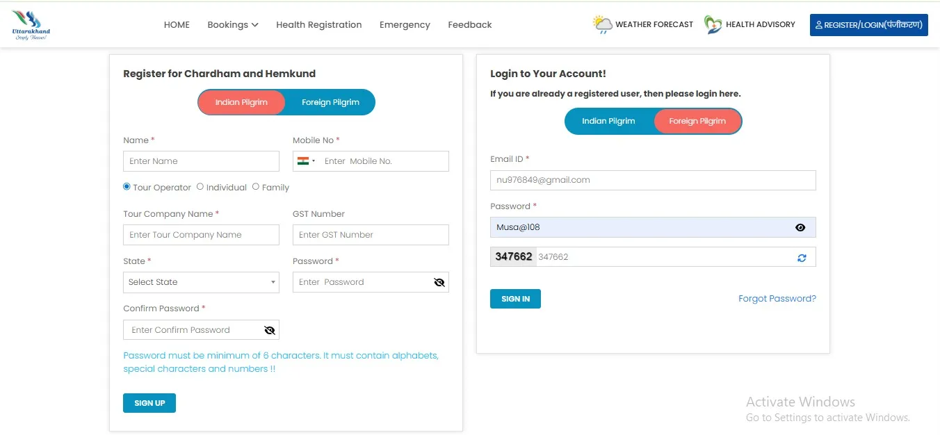 Kedarnath Registration 2026 official portal login and signup page for Char Dham Yatra registration