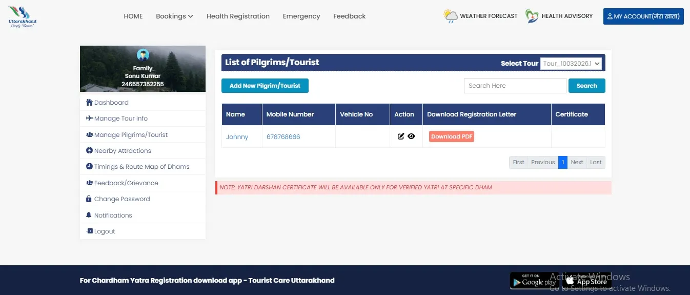 Kedarnath yatra registration slip download from official Uttarakhand tourism portal