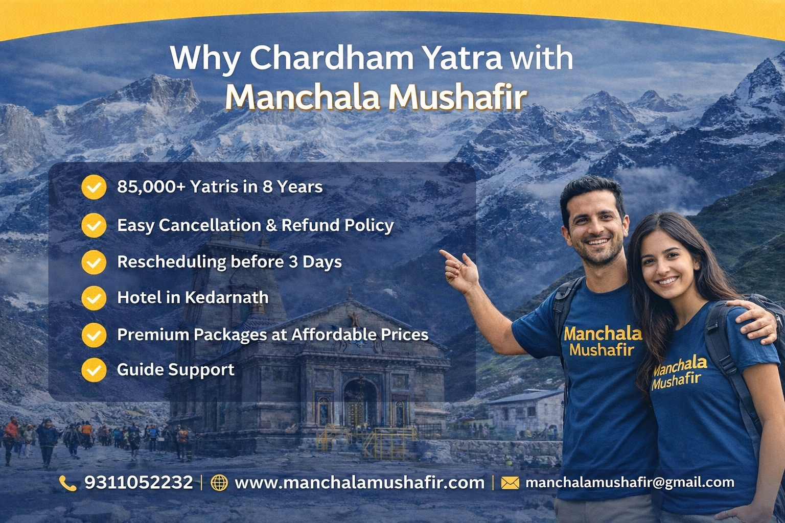 Why Char Dham Yatra with Manchala Mushafir – Kedarnath Temple background with travelers highlighting pilgrimage services and packages