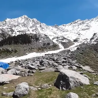 Laka Glacier with the snowy Dhauladhar peaks and a camp tent