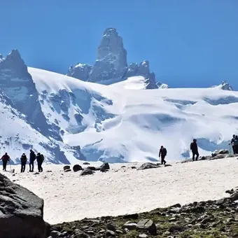 Trekkers crossing the snowfield at Laka Glacier