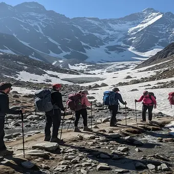 Trekkers with poles walking towards Laka Glacier