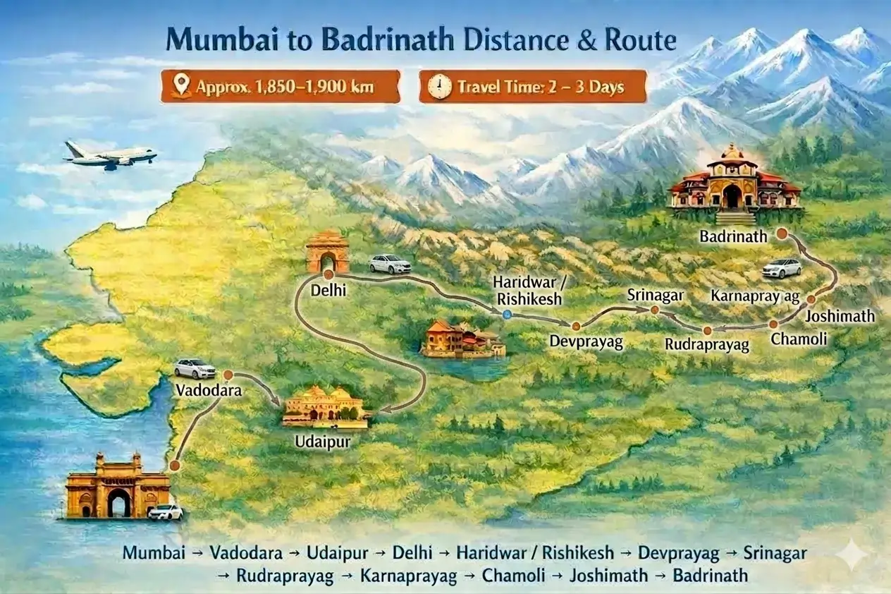 mumbai to badrintha route shown on india map by marking the major cities