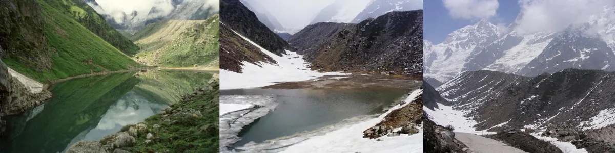 Gandhi Sarovar lake near Kedarnath surrounded by mountains