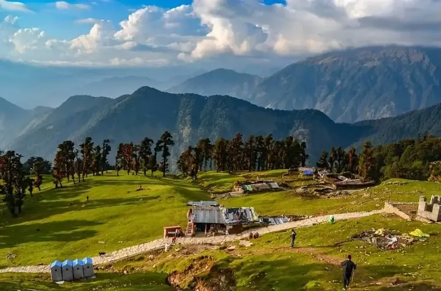 Chopta meadows and forest below the Himalayan peaks