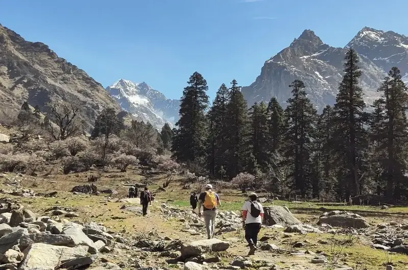 trekkers on the trail through the Har Ki Dun valley below snow-capped peaks