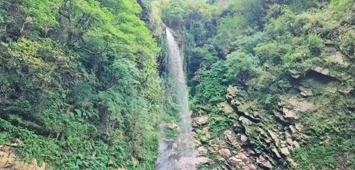 Tall waterfall falling through green forest at Chhoie