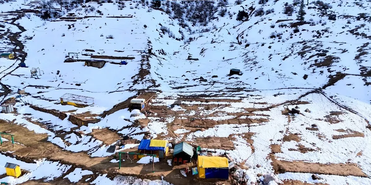 aerial view of the snow-covered Kheerganga meadow and camps in winter
