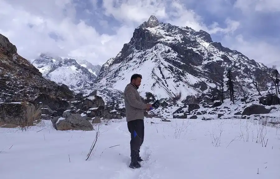 Solo Trekker enjoying and Posing for photo after the completion of Laka glacier trek