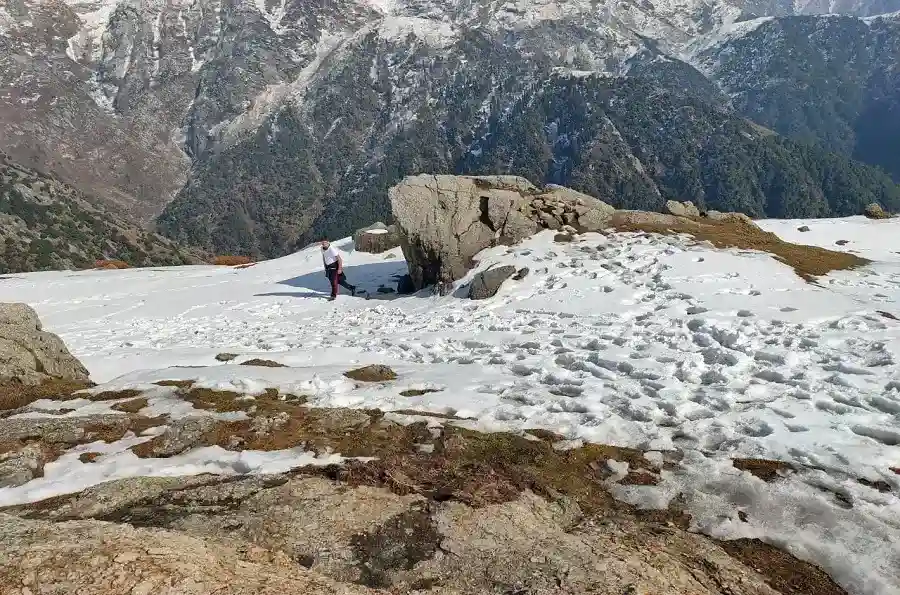 Beautiful view of Dhauladhar ranges from the trekking route of laka glacier trek